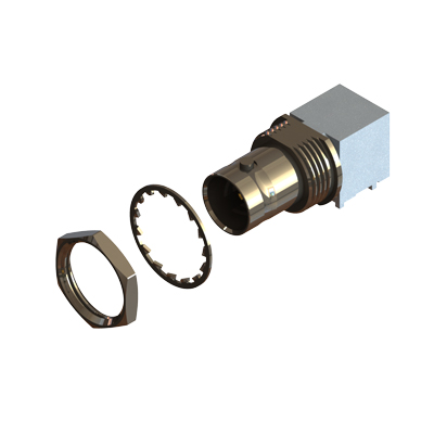 10-470 BSn126 - BNC Right Angle Bulkhead Jack True 75 Ohm 12G Nickel/Tin 