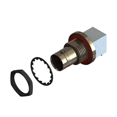 10-470-1-BSn126 - BNC Right Angle Flange Bulkhead Jack True 75 Ohm 12G Nickel/Tin 